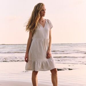 PACT Organic Cotton Coastal Double Gauze Throw-and-Go Dress Tan Stripe Size L